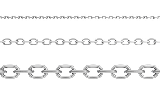 3d rendering of three horizontally placed polished steel chains of different size with strong links. Connection and binding. Strongly chained together. Restriction and safety measure.