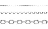 3d rendering of three horizontally placed polished steel chains of different size with strong links.