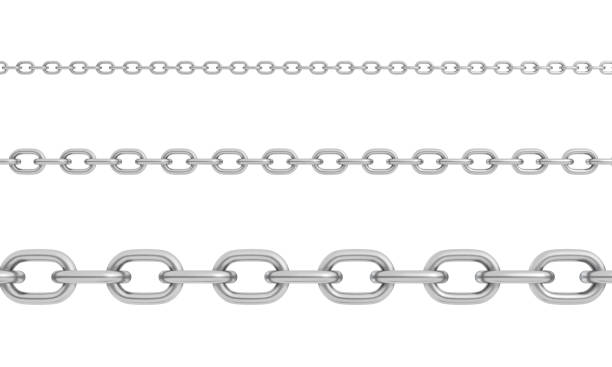 3d rendering of three horizontally placed polished steel chains of different size with strong links. - chain guard imagens e fotografias de stock