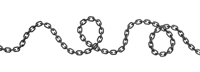 3d rendering of a single curved metal chain lying on a white background. Endless chain. Loops and links. Restriction and boundary.