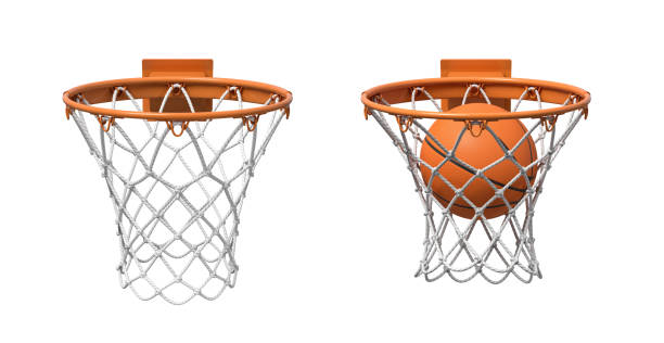 istock 3d rendering of two basketball nets with orange hoops, one empty and one with a ball falling inside. 1059661168