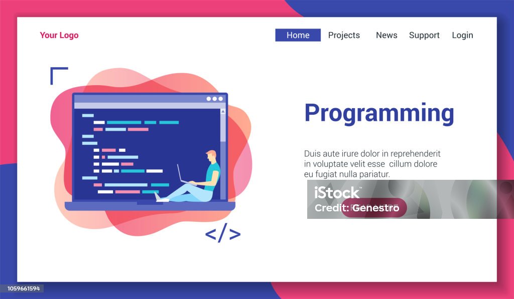 programming lp template Flat design concept on programming theme. Vector illustration mock-up for website and mobile website. Landing page template. Computer Language stock vector