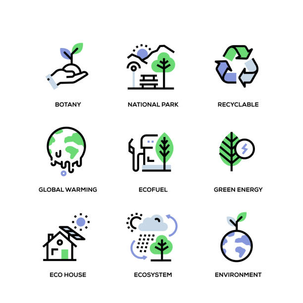 생태 선 아이콘 세트 - water pumping windmill stock illustrations