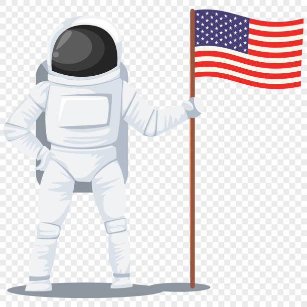 Astronaut in helmet and spacesuit with an American flag in his hand. Cosmonaut vector cartoon chatacter illustration isolated on transparent background. Astronaut, cosmonaut, space man vector character flat character. astronaut clipart stock illustrations
