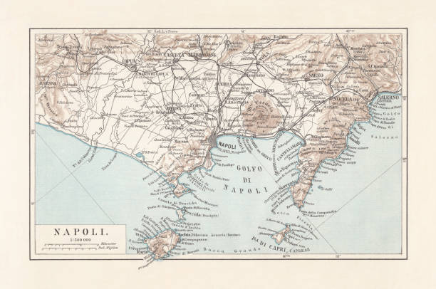 Map of Naples and surrounding, Campania, Italy, lithograph, published 1897 Topographic map of Naples (Italian: Napoli) and surrounding, Campania, Italy. Lithograph, published in 1897. amalfi coast map stock illustrations