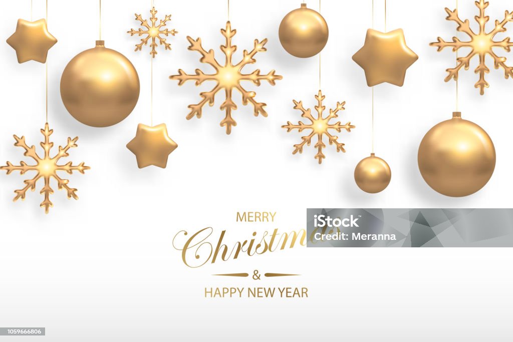Vector illustration of Christmas background with golden realistic christmas ball, star, snowflake decorations isolated on white. New year and xmas holiday winter concept Christmas stock vector