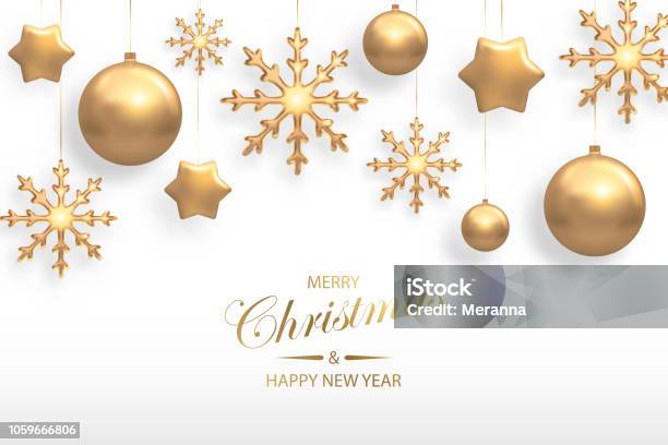 Vector Illustration Of Christmas Background With Golden Realistic Christmas Ball Star Snowflake Decorations Isolated On White New Year And Xmas Holiday Winter Concept Stock Illustration - Download Image Now