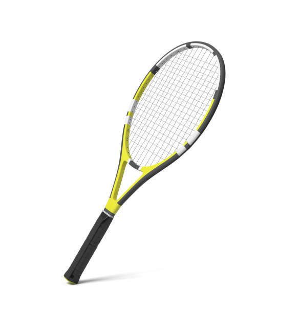 3d rendering of a professional tennis racquet with black and yellow stripes. 3d rendering of a professional tennis racquet with black and yellow stripes. Tennis gear. Professional sport equipment. Racquet and ball. tennis racket stock pictures, royalty-free photos & images