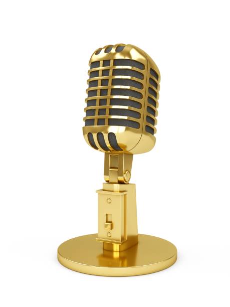 istock 3D Rendering golden vintage studio microphone isolated on white background 1059669154