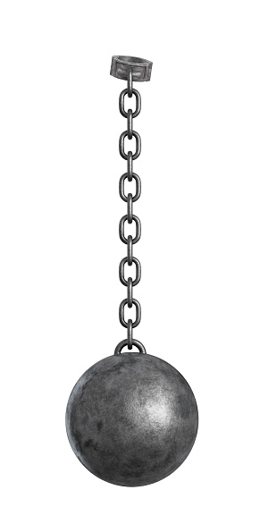 3d rendering of a heavy iron ball connected with a chain to a round shackle. Caught and bound. Legal restriction. Prisoner or fugitive.