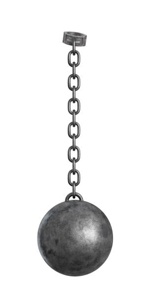 3d rendering of a heavy iron ball connected with a chain to a round shackle. stock photo