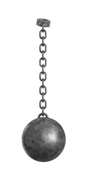 Photo of 3d rendering of a heavy iron ball connected with a chain to a round shackle.