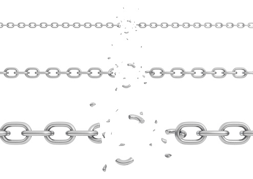 3d rendering of three parts of metal chains with different thickness broken in their centers. Broken chain. Loss of restriction. Escape and break free.