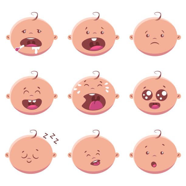 Cute cartoon baby face icons. Vector flat set of child head with different funny emotions isolated on a white background. Baby face vector cartoon set of kawaii emotions. crying baby cartoon stock illustrations