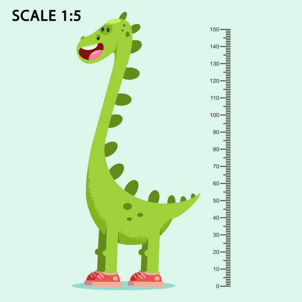 istock Kids meter wall with a cute smiling cartoon dinosaur and measuring ruler. Vector illustration of an animal isolated on background. 1059673250