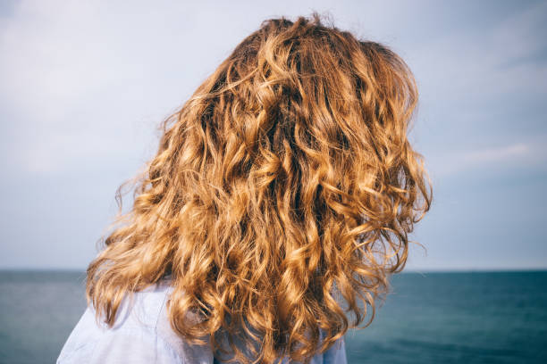 istock Back view female's head on blue sea background 1059674568