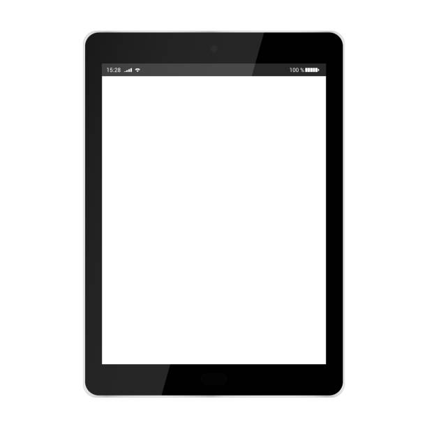 istock Realistic illustration of black tablet with white touch screen with battery, wifi and cellular network symbols, with glare, isolated on white background - vector 1059675592