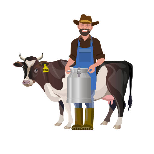 bauer hält eine milchkanne - milkman stock-grafiken, -clipart, -cartoons und -symbole