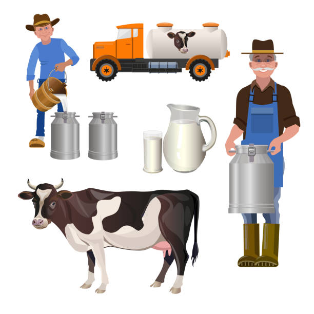 ilustraciones, imágenes clip art, dibujos animados e iconos de stock de juego de granja de productos lácteos. - milkman