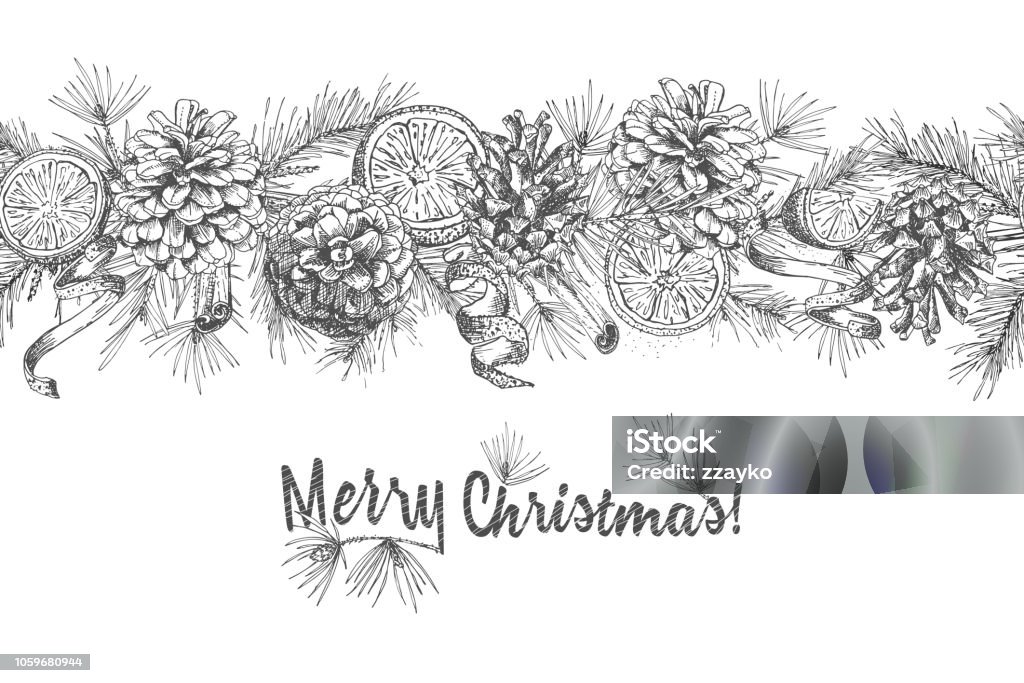 Christmas seamless garland Realistic Botanical ink sketch of fir tree branches with pinecone isolated on white Christmas seamless garland Realistic Botanical ink sketch of fir tree branches with pinecone isolated on white Good idea for design invitations, greeting postcards, banner Vector illustrations Christmas stock vector