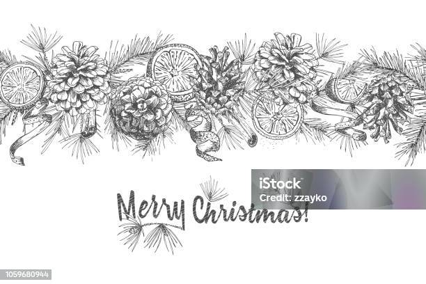 Christmas Seamless Garland Realistic Botanical Ink Sketch Of Fir Tree Branches With Pinecone Isolated On White Stock Illustration - Download Image Now