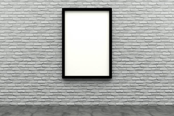 3d render black photo frame on white brick wall - fotografia imagem imagens e fotografias de stock