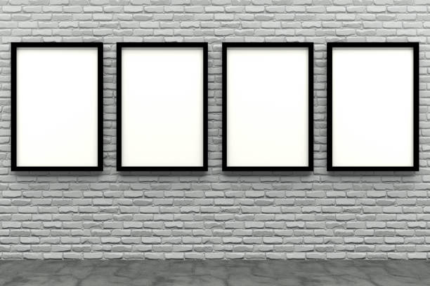 3d render black Photo frame on white brick wall 3d render black Photo frame on white brick wall four objects photos stock pictures, royalty-free photos & images