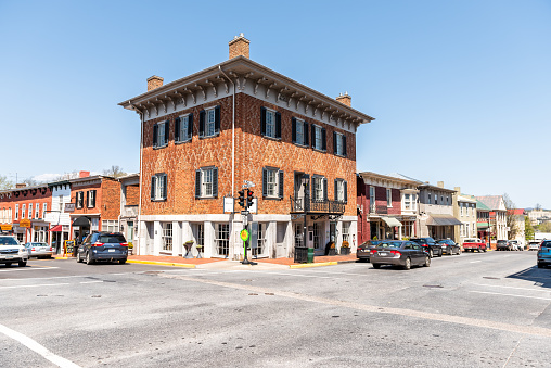 Lexington, USA - April 18, 2018: Historic downtown town city in Virginia countryside Shenandoah mountain village, street road intersection