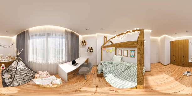 Virtual reality, 360 degrees seamless panorama. Children's playroom and bedroom in the Scandinavian style. stock photo