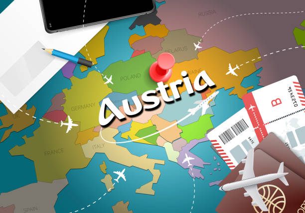 ilustrações de stock, clip art, desenhos animados e ícones de austria travel concept map background with planes, tickets. visit austria travel and tourism destination concept. austria flag on map. planes and flights to austrian holidays to vienna,salzburg"n - austria vienna map horizontal