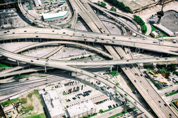 Attiki Odos toll road motorway interchange with Kifisias Avenue in Marousi Attica, Athens, Greece. Aerial drone view of multilevel junction ring road