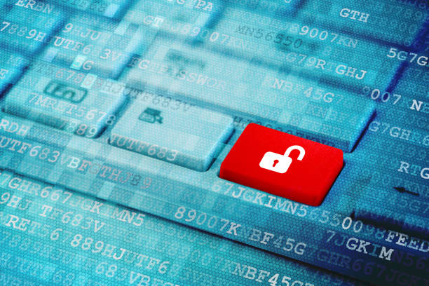 istock Red key with open padlock icon symbol on blue digital laptop keyboard 1059707356