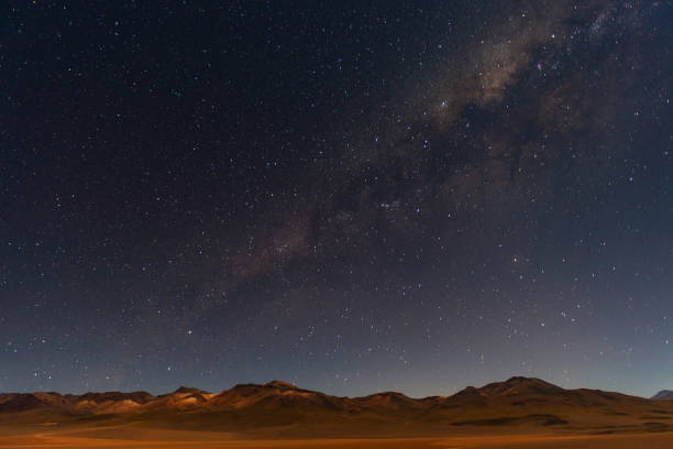 Milky Way in the Andes Mountains The Andes mountain range in the foreground and a majestic night sky with the Milky Way in the Siloli desert of Bolivia near the Atacama desert of Chile, South America. atacama desert photos stock pictures, royalty-free photos & images