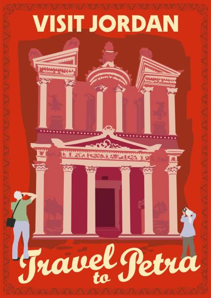 ilustrações de stock, clip art, desenhos animados e ícones de travel poster vectors illustrations with vintage style from jordan and petra city - petra