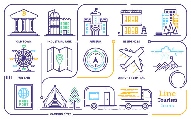 여행 & 관광 라인 아이콘 세트 - usa airport airplane cartography stock illustrations