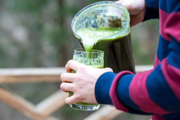 Closeup of behind, back of young man standing outside, outdoors, holding plastic blender container, pouring green vegetable, kale smoothie into drinking glass
