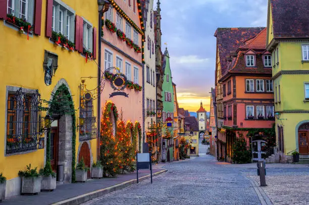 Colorful houses in historical Rothenbug ob der Tauber Old Town, Germany