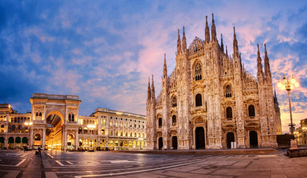 Milan Cathedral on sunrise, Italy Milan Cathedral, Duomo di Milano, Italy, one of the largest churches in the world on sunrise architecture built structure building exterior church stock pictures, royalty-free photos & images