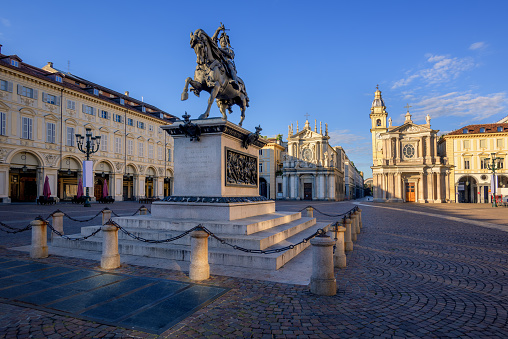 Piazza San Carlo and the bronze monument of Emmanuel Philibert, Duke of Savoy, on a horse, in the city center of Turin, Italy