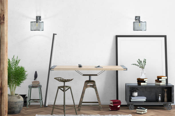istock Contemporary home office interior with wooden table background template 1059725612