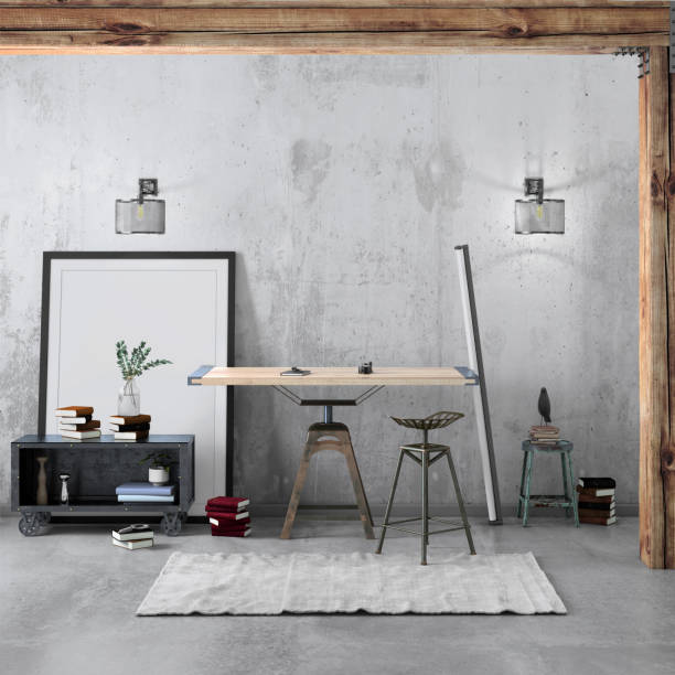 istock Contemporary home office interior with wooden table background template 1059725618