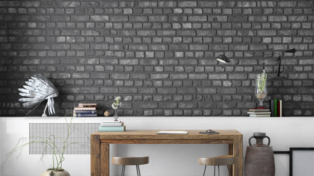 istock Contemporary home office interior with wooden table background template 1059725630