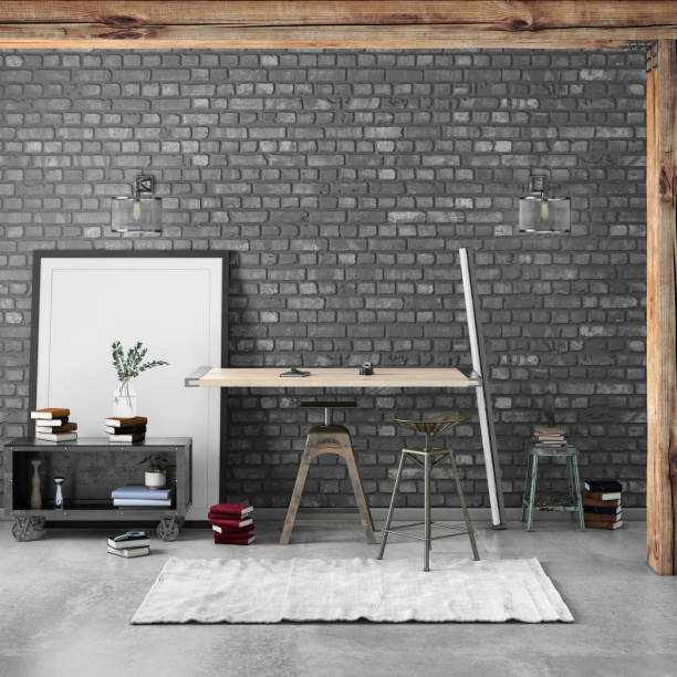 istock Contemporary home office interior with wooden table background template 1059725670