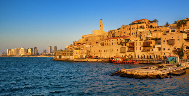 jaffa old town and tel aviv skyline, israel - tel aviv imagens e fotografias de stock