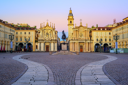 Piazza San Carlo and twin churches in the city center of Turin, Italy