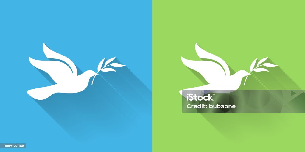 Dove Icon with Long Shadow Dove Icon with Long Shadowon Blue Green Background with Long Shadow. There are two background color variations included in this file. The icon is rendered in white color and the background is blue or green. There is also a 45 degree long shadow. Symbols Of Peace stock vector