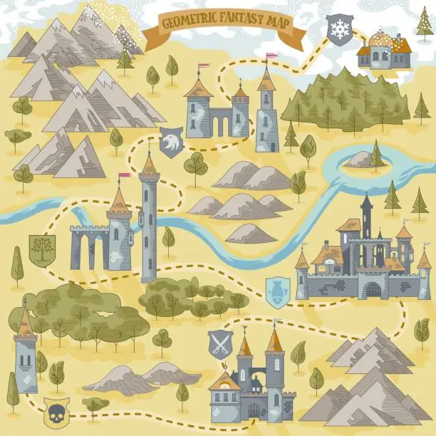 Vector illustration of Fantasy Adventure simple map elements of geometric line art style in vector illustration format