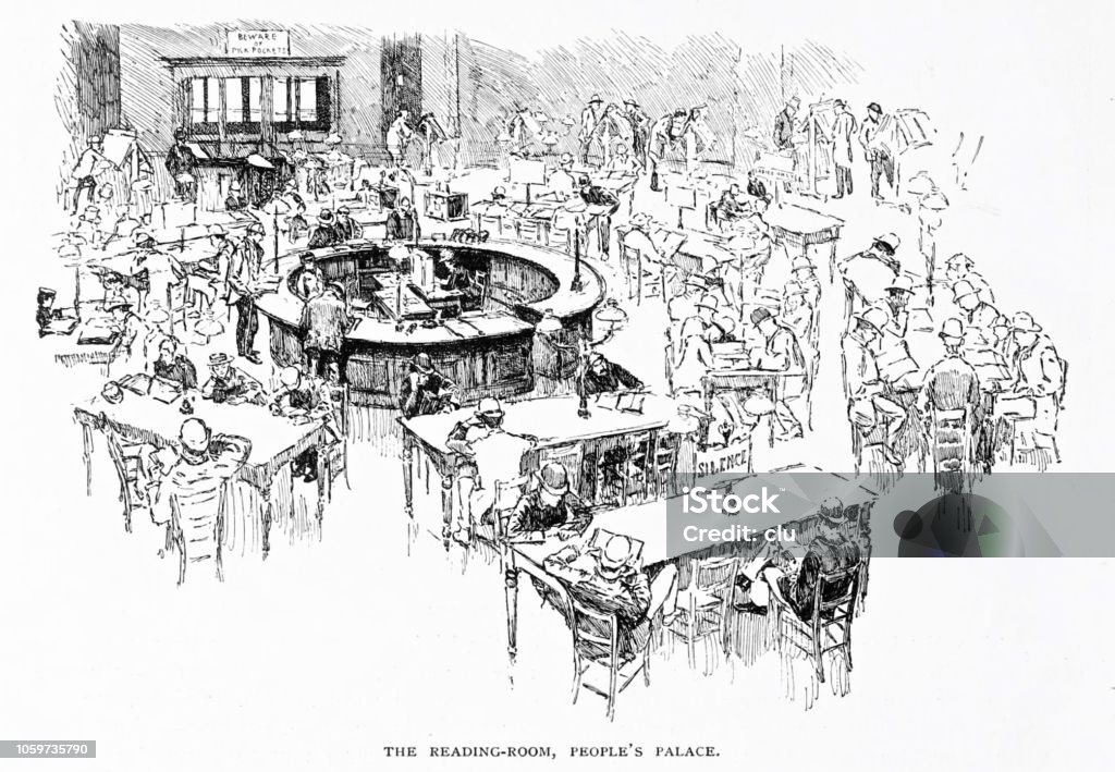 The Reading Room, People's Palace, London Illustration from 19th century 19th Century stock illustration