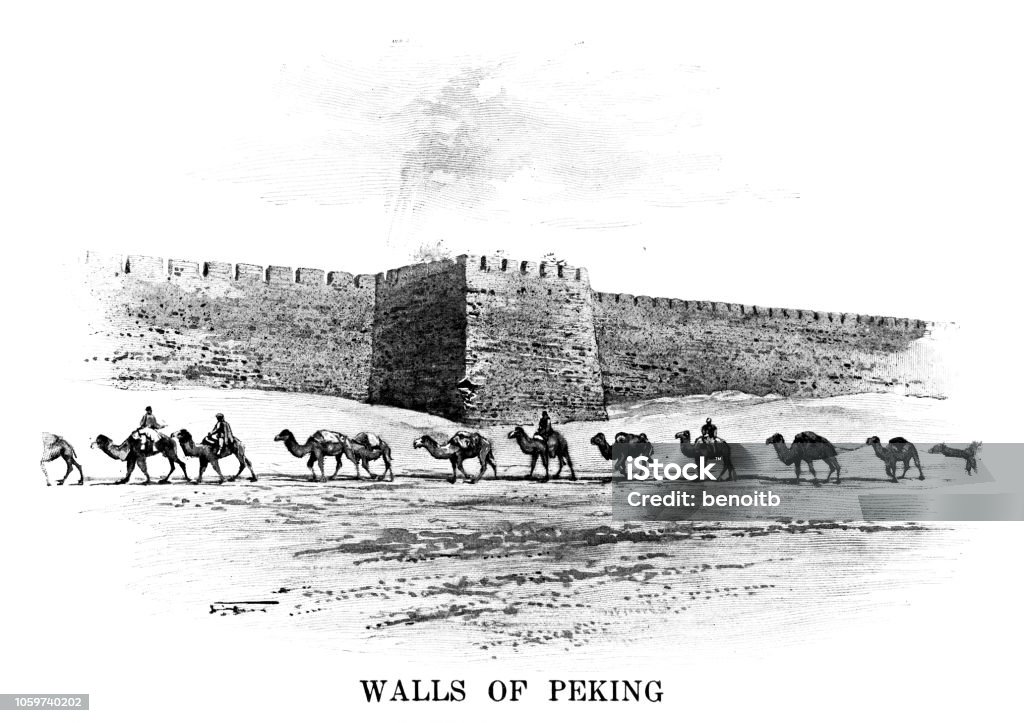 Walls of Pekin with men riding camels Walls of Pekin with men riding camels - Scanned 1899 Engraving 19th Century stock illustration