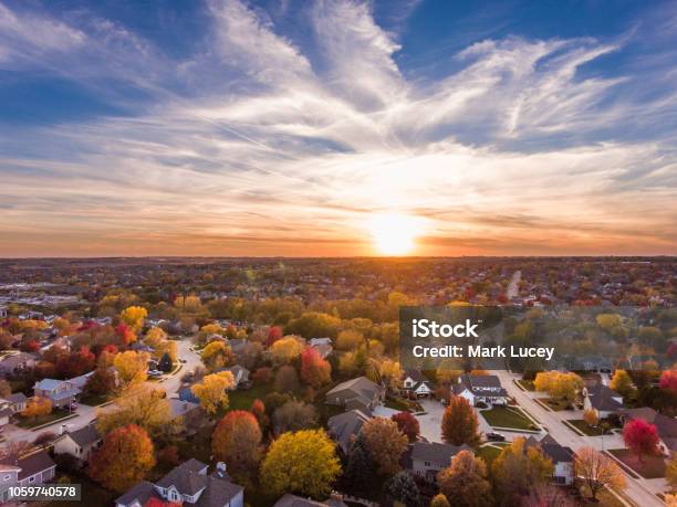 Fall Sunset Over The Neighborhood Stock Photo - Download Image Now - Residential District, Suburb, Aerial View
